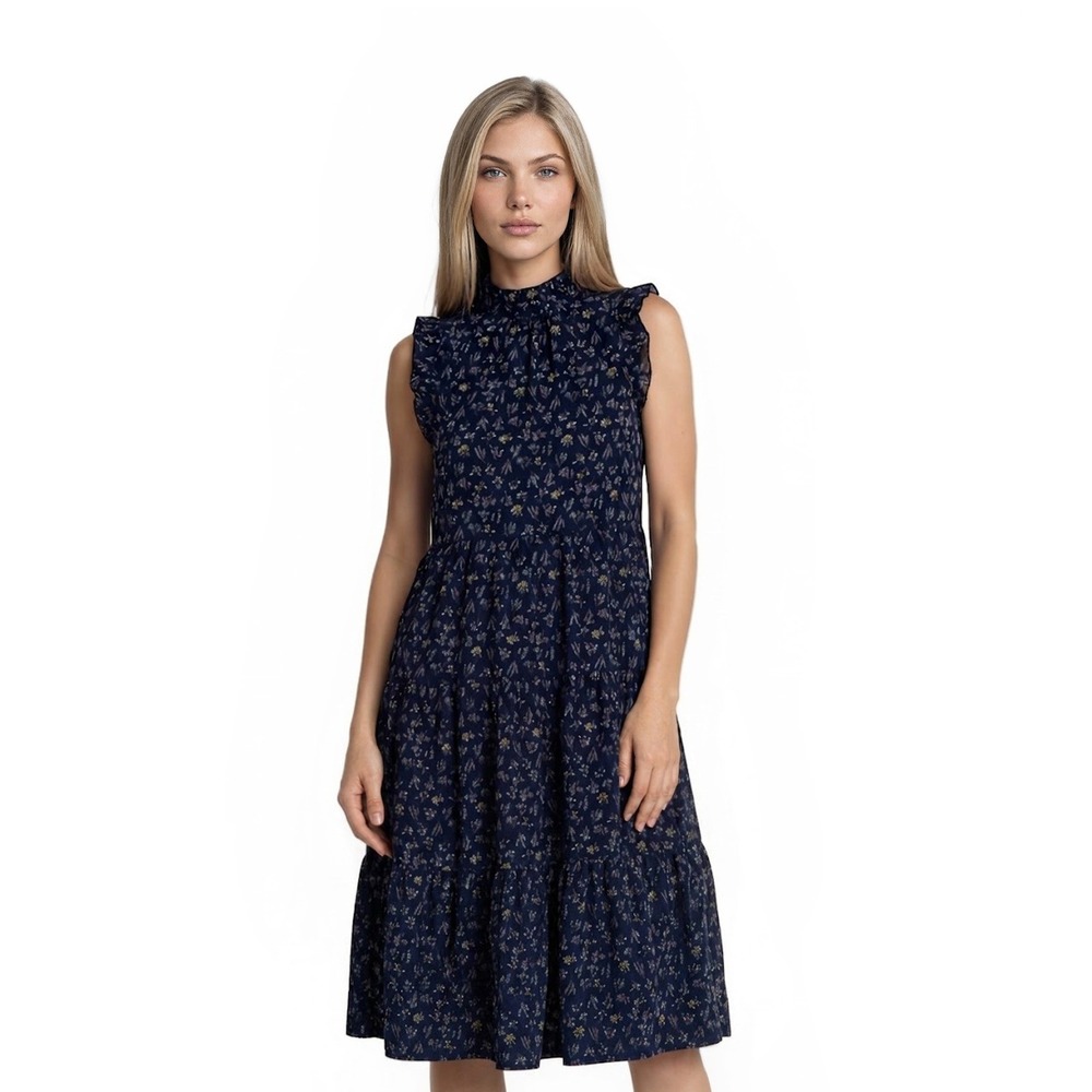 Sara Campbell 100% Cotton Dress Women's Size Medium Blue Floral Tiered Ruffle‎